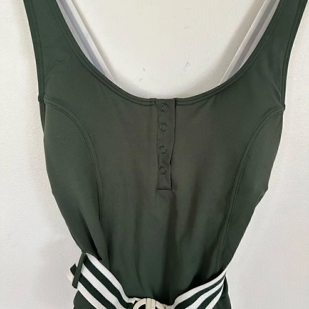 Seafolly Women's Green and White Tank Maillot Belted One Piece Swimsuit